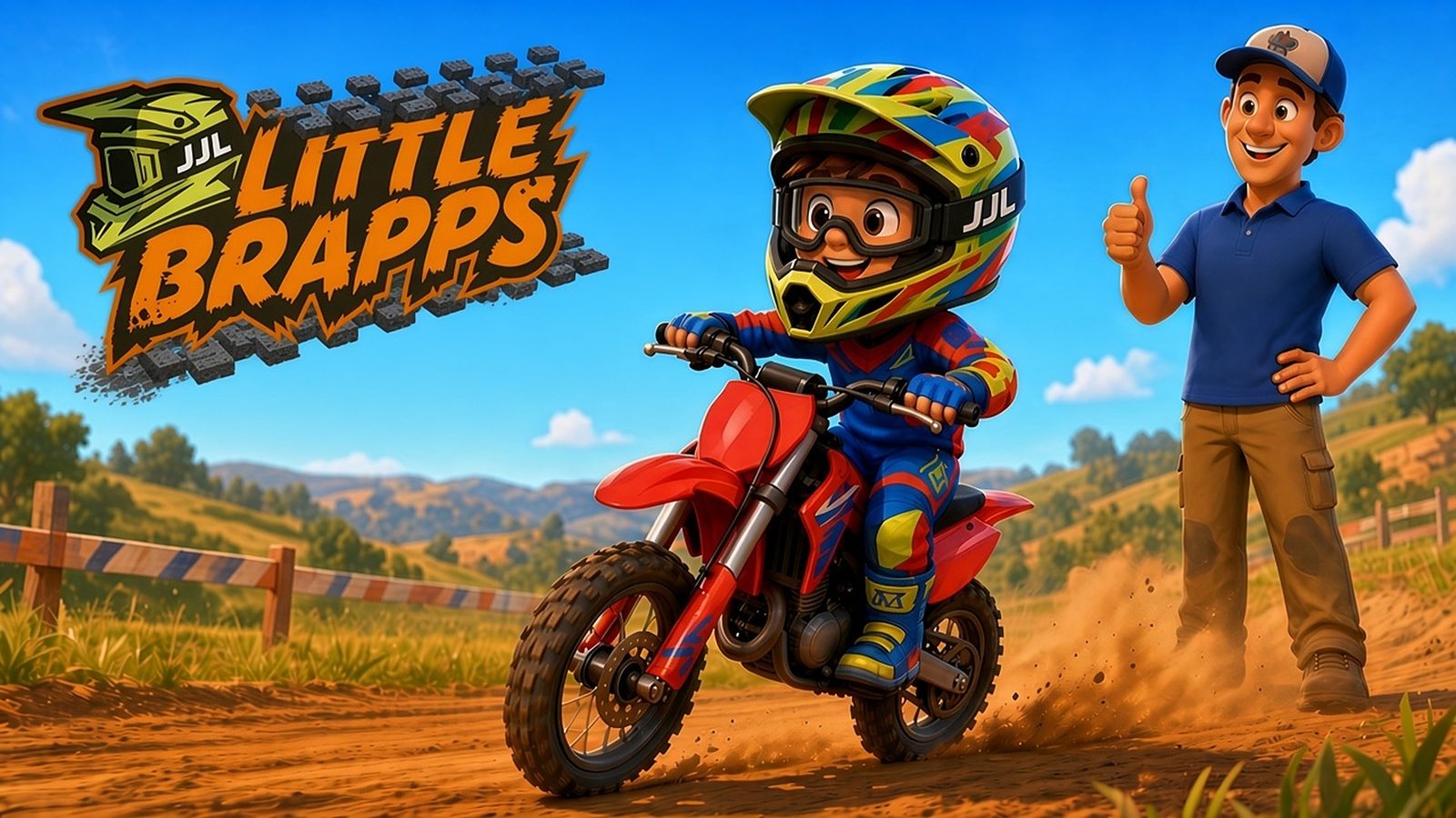 Cartoon kid in full riding gear on a red dirt bike while Dad gives a thumbs up, with the Little Brapps logo